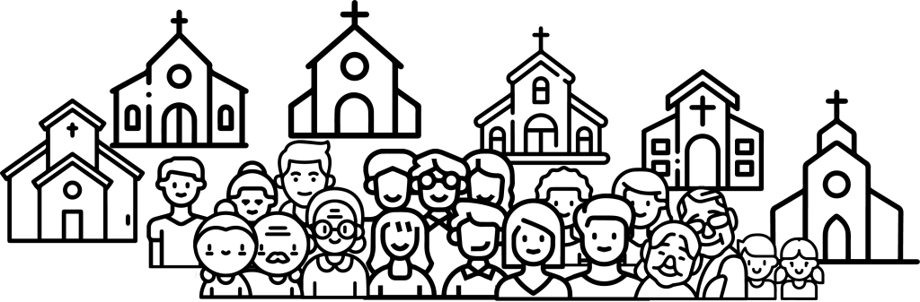 Ilustração de um grupo heterogêneo de pessoas, e com seis templos ao redor, cada um com arquitetura diferente. A ilustração tem traços amigáveis e está em preto e branco.