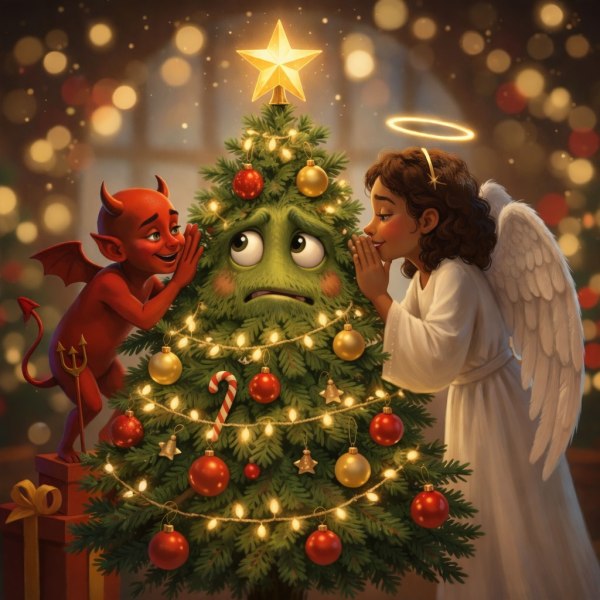 A cena mostra uma árvore de Natal no centro da imagem, em um ambiente interno e acolhedor. O fundo é desfocado, com muitas luzes douradas em forma de pequenos círculos brilhantes, criando uma sensação de calor, aconchego e noite festiva. A árvore é verde, cheia, em formato tradicional de pinheiro. Ela está decorada com luzes amarelas quentes, bolas vermelhas e douradas, sinos pequenos, e alguns bengalinhas de doce pendurados entre os galhos. No topo, há uma estrela dourada luminosa, que emite um brilho suave. A árvore tem um rosto humano delicado integrado à folhagem: – olhos grandes, levemente vesgos, olhando para cima com expressão de dúvida – sobrancelhas erguidas – bochechas rosadas – boca pequena, levemente caída, transmitindo preocupação ou confusão À esquerda da árvore, está um diabinho vermelho, pequeno e de aparência amigável, não assustadora. Ele tem: chifres curtos asas pequenas um rabo fino um tridente na mão esquerda O diabinho se inclina em direção à árvore, com a mão direita próxima à boca, como quem sussurra um conselho. Seu rosto tem um sorriso travesso, mais brincalhão do que maligno. À direita da árvore, está um anjo, com aparência serena e bondosa. Ele tem: pele morena clara cabelo castanho cacheado, curto asas brancas grandes e macias uma túnica branca simples uma auréola dourada flutuando acima da cabeça O anjo também se inclina em direção à árvore, com as mãos juntas perto da boca, sussurrando suavemente. Sua expressão é calma, gentil e encorajadora. A composição da imagem é simétrica: o diabinho e o anjo ocupam lados opostos, ambos na mesma altura, voltados para o centro. A árvore, entre eles, parece ouvir as duas vozes ao mesmo tempo. A atmosfera geral é natalina, calorosa e reflexiva, com um toque de humor suave. A imagem não transmite conflito agressivo, mas sim a ideia de dúvida interior, escolhas e discernimento, apresentada de forma leve e acessível.